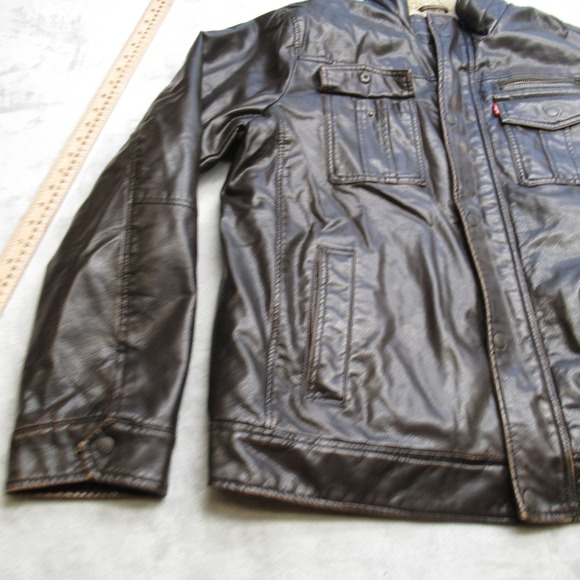 Levis Jacket Mens Large Brown Faux Leather‎ Sherpa Lined Pockets Snap Zip Front - Picture 9 of 16
